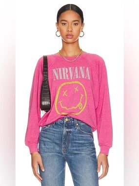 Daydreamer Nirvana Smiley Raglan Crew Pink Cosmo XS Revolve